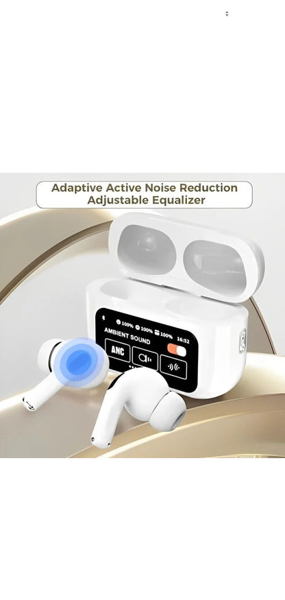 PRO LCD True Wireless Noise Cancelling Earbuds, 6-Mic, Smart LCD Display Bluetooth Headset (White, In the Ear) WITH ONE YEAR WARRANTY