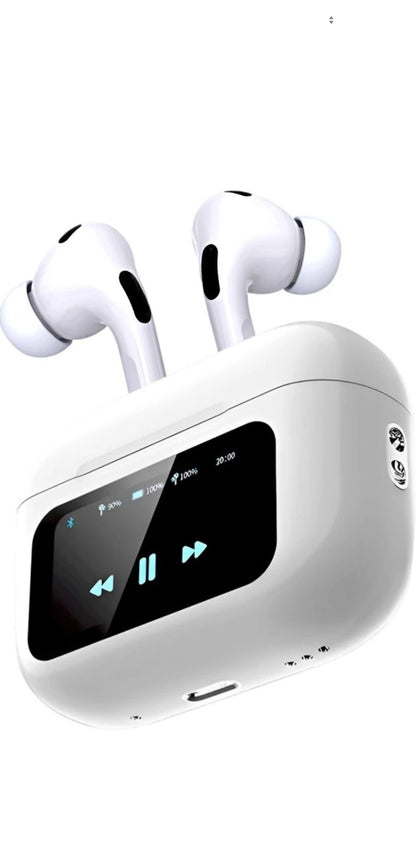 PRO LCD True Wireless Noise Cancelling Earbuds, 6-Mic, Smart LCD Display Bluetooth Headset (White, In the Ear) WITH ONE YEAR WARRANTY