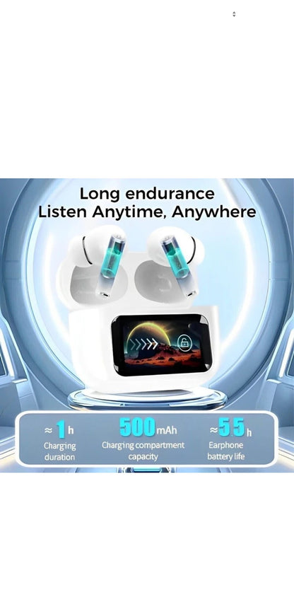 PRO LCD True Wireless Noise Cancelling Earbuds, 6-Mic, Smart LCD Display Bluetooth Headset (White, In the Ear) WITH ONE YEAR WARRANTY