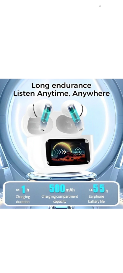 PRO LCD True Wireless Noise Cancelling Earbuds, 6-Mic, Smart LCD Display Bluetooth Headset (White, In the Ear)